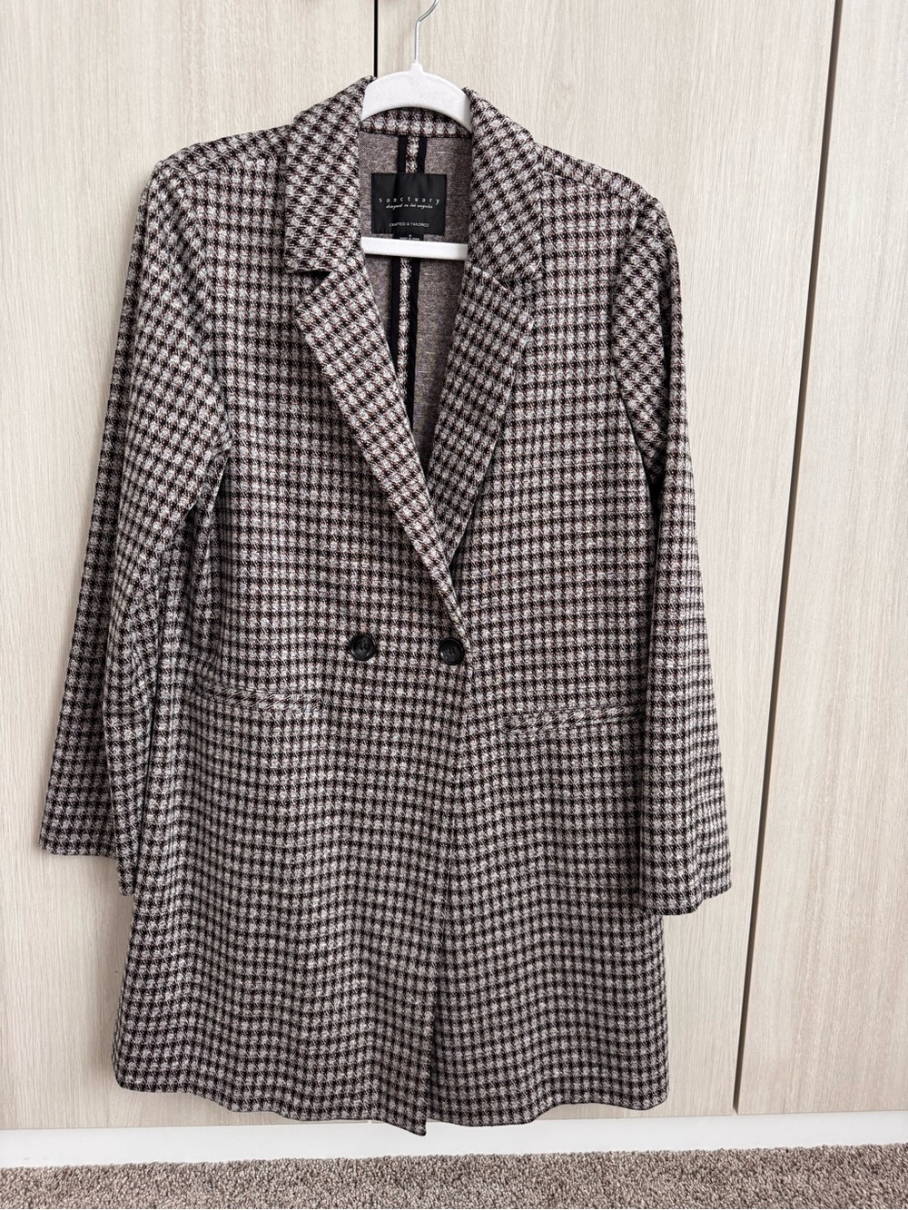 Sanctuary Brown, Blue & Cream Houndstooth Double-Breasted Trench Coat